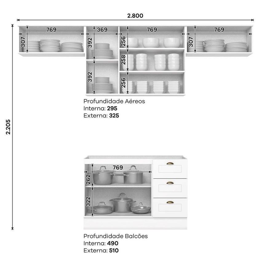 Cozinha Completa Americana 4 Peças 7 Portas 3 Gavetas MDF 280cm Branco Móveis Henn - imagem 3