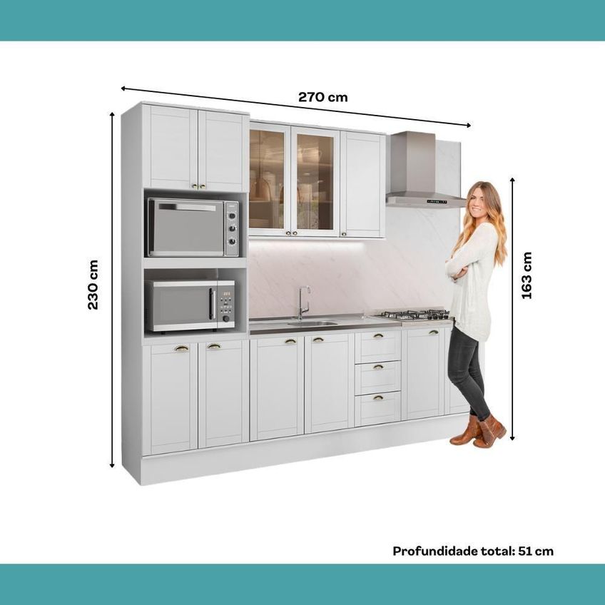 Cozinha Completa Com Balcão Milla Coast 11 Portas 3 Gavetas MDF Branco Móveis Carraro - imagem 4