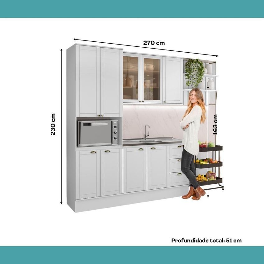 Cozinha Completa Com Balcão Milla Moss 4 Módulos MDF 270cm Branco Móveis Carraro - imagem 3