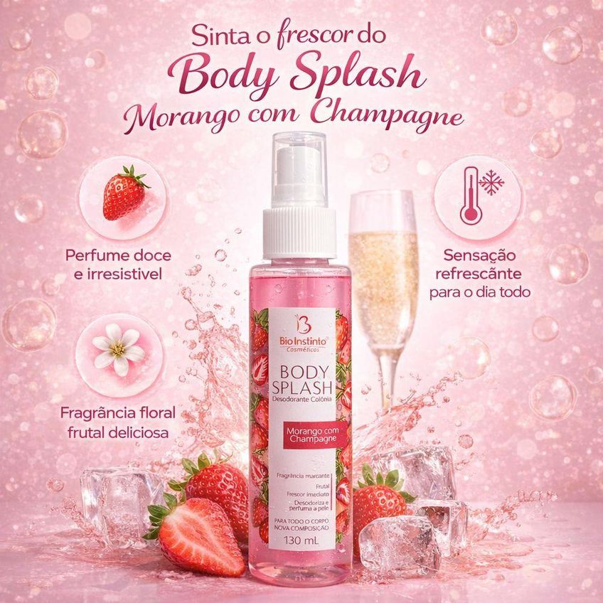 Body Splash Desodorante Colônia Morango Com Champagne Feminino Frutal Doce 130ml Utimix - imagem 4