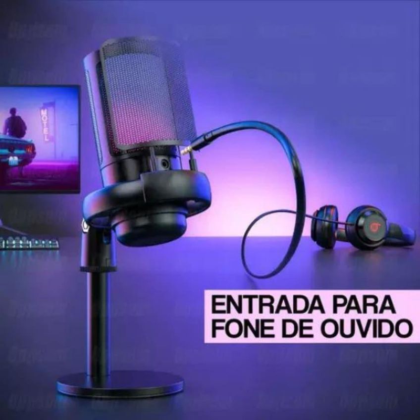 Microfone Condensador USB Gamer Utimix MT1060R para PC RGB Plug and Play Preto - imagem 5