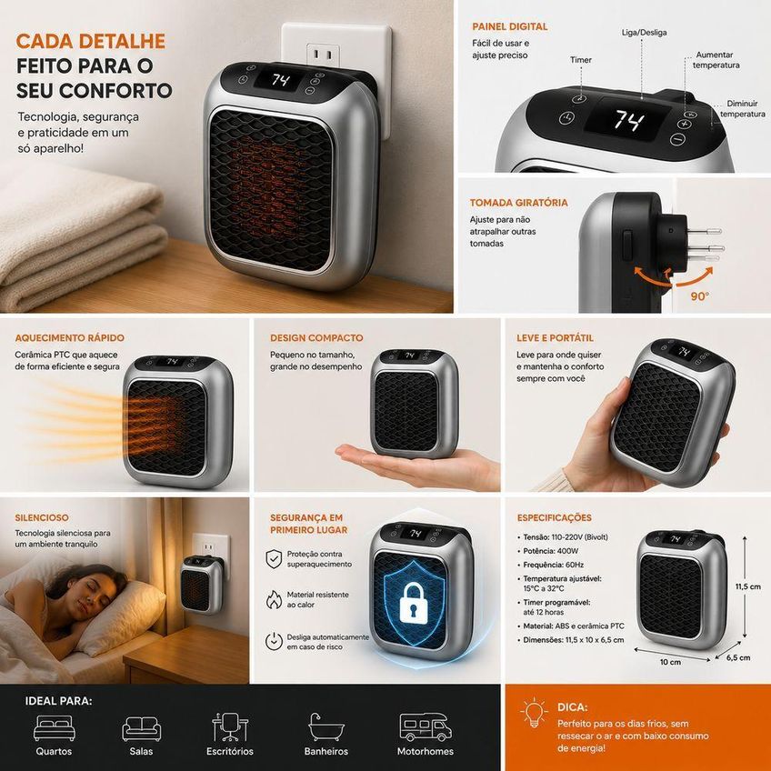 Aquecedor Portátil Elétrico Mini Com Display Digital Timer Termostato Quarto Escritório Utimix 110v - imagem 5