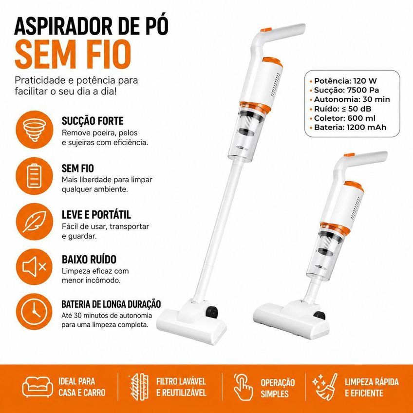 Aspirador De Pó Vertical Sem Fio 2 Em 1 Recarregável Portátil Para Casa Carro Sofá Piso Utimix - imagem 3