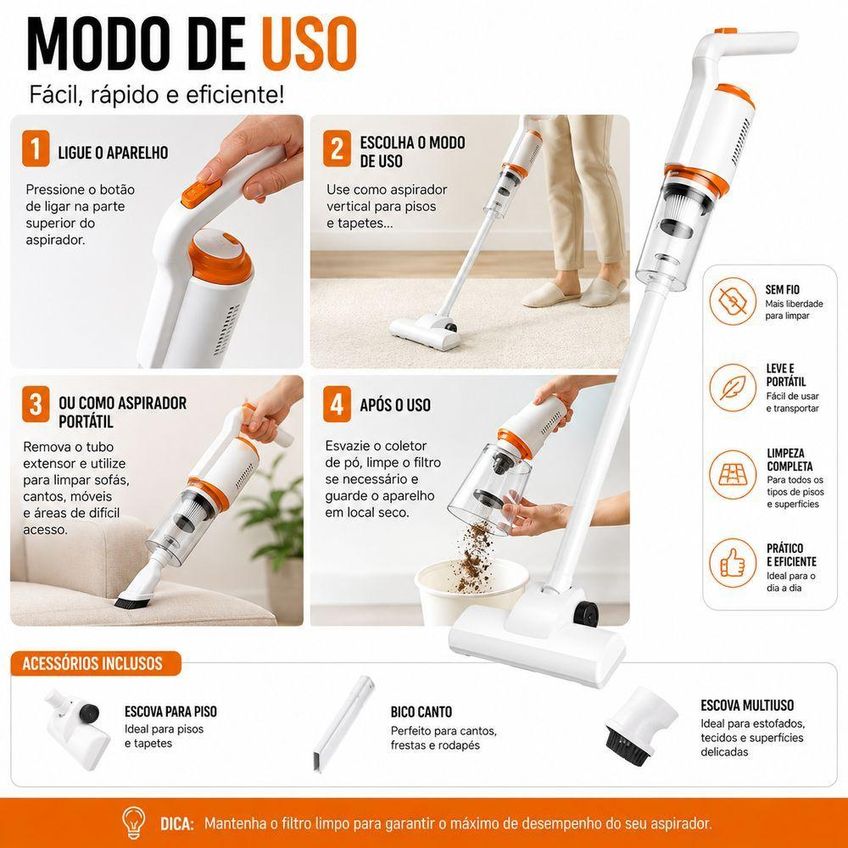 Aspirador De Pó Vertical 2 Em 1 Sem Fio Recarregável Portátil Para Casa Carro Sofá E Piso Utimix - imagem 4