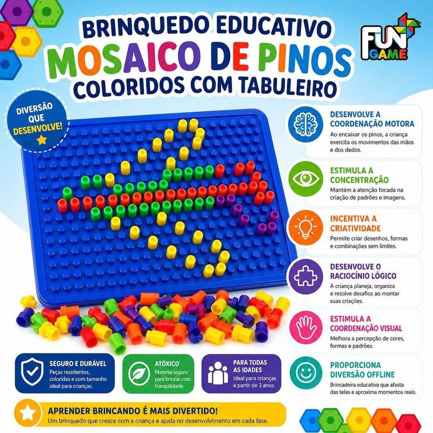 Brinquedo Educativo Mosaico De Pinos Coloridos Com Tabuleiro Coordenação Motora Infantil 3 Anos - imagem 3