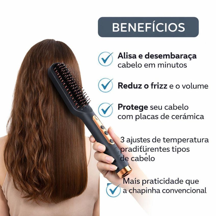 Escova Alisadora De Cabelo Elétrica Cerdas Cerâmicas Aquecimento Rápido Íons Azul Utimix Bivolt - imagem 3