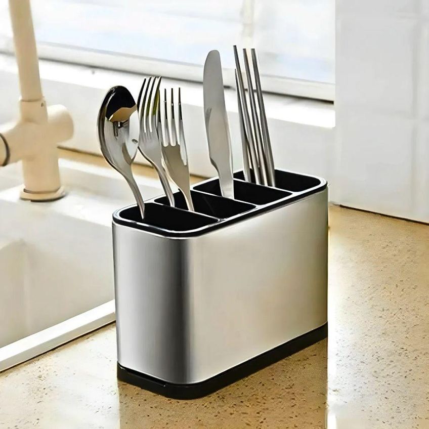 Escorredor Porta Talheres 4 Divisórias Organizador De Bancada Aço Inoxidável Inox Cozinha Utimix - imagem 4