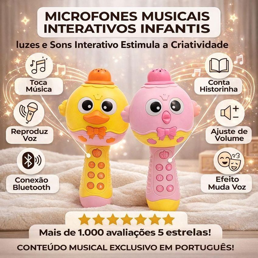Microfone Musical Infantil Interativo Com Luzes E Sons Brinquedo Educativo Amarelo Karaokê Presente - imagem 4