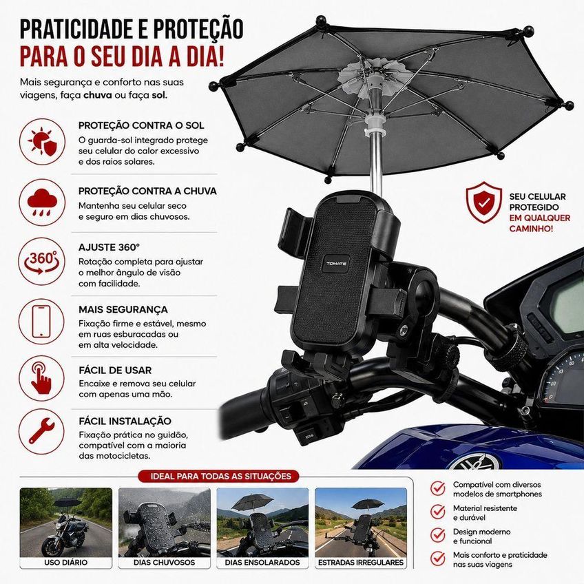 Suporte De Celular Para Moto Guidão Guarda Sol Proteção Solar E Chuva Giro 360 Graus Antivibração Utimix - imagem 4