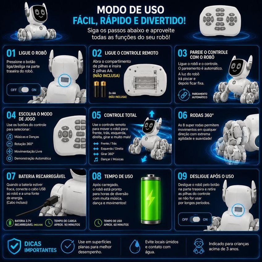 Robô Cão Interativo Com Controle Remoto Brinquedo Eletrônico Led Recarregável Rosa Utimix - imagem 3