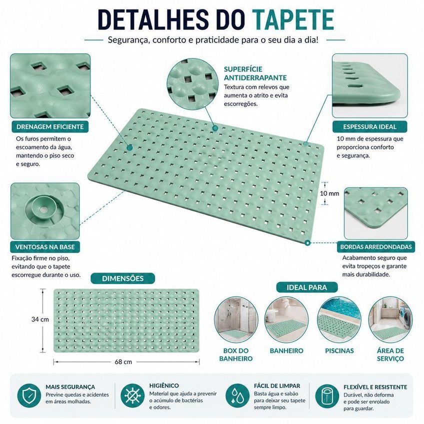 Tapete Antiderrapante Para Box Vazado Com Ventosas TPE Preto Utimix - imagem 4