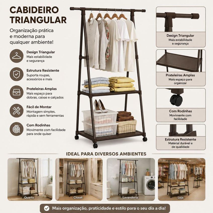 Cabideiro Com Prateleiras E Rodinhas Triangular 42cm Organizador Multiuso Para Quarto Utimix - imagem 4