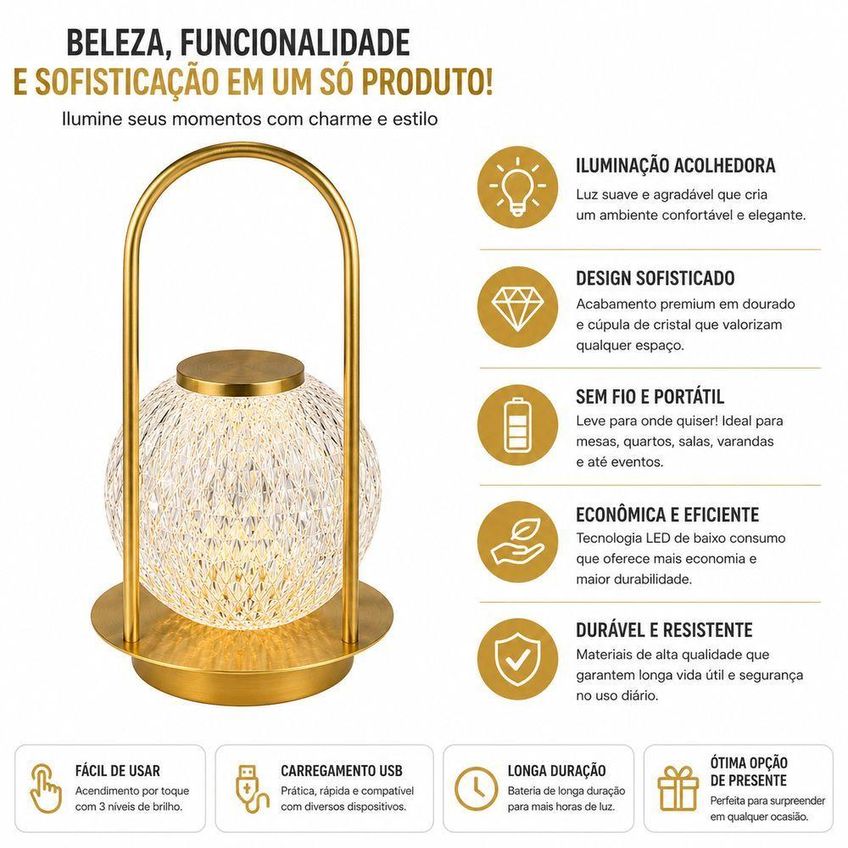 Luminária Led Decorativa Recarregável Sem Fio Luz Quente Portátil Dourado Utimix - imagem 4