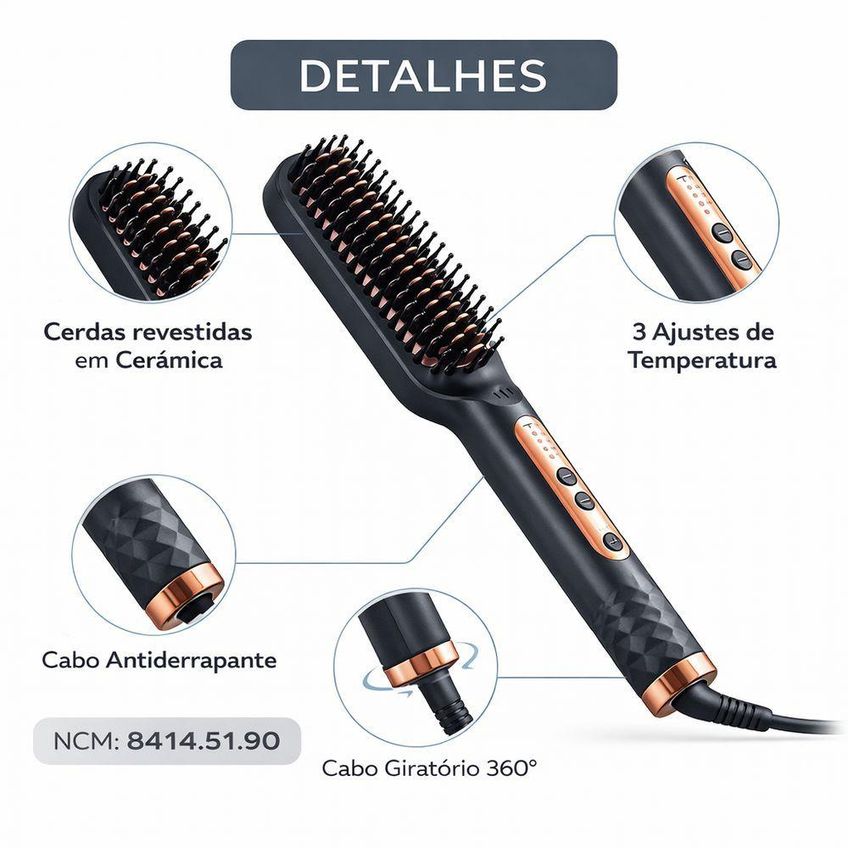 Escova Alisadora Elétrica Para Cabelo Cerdas Cerâmicas 40w Íons Cinza Utimix Bivolt - imagem 3