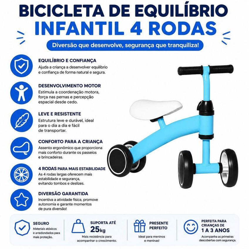 Bicicleta De Equilíbrio Infantil 4 Rodas Sem Pedal Azul Utimix Para Criança 1 A 3 Anos - imagem 4
