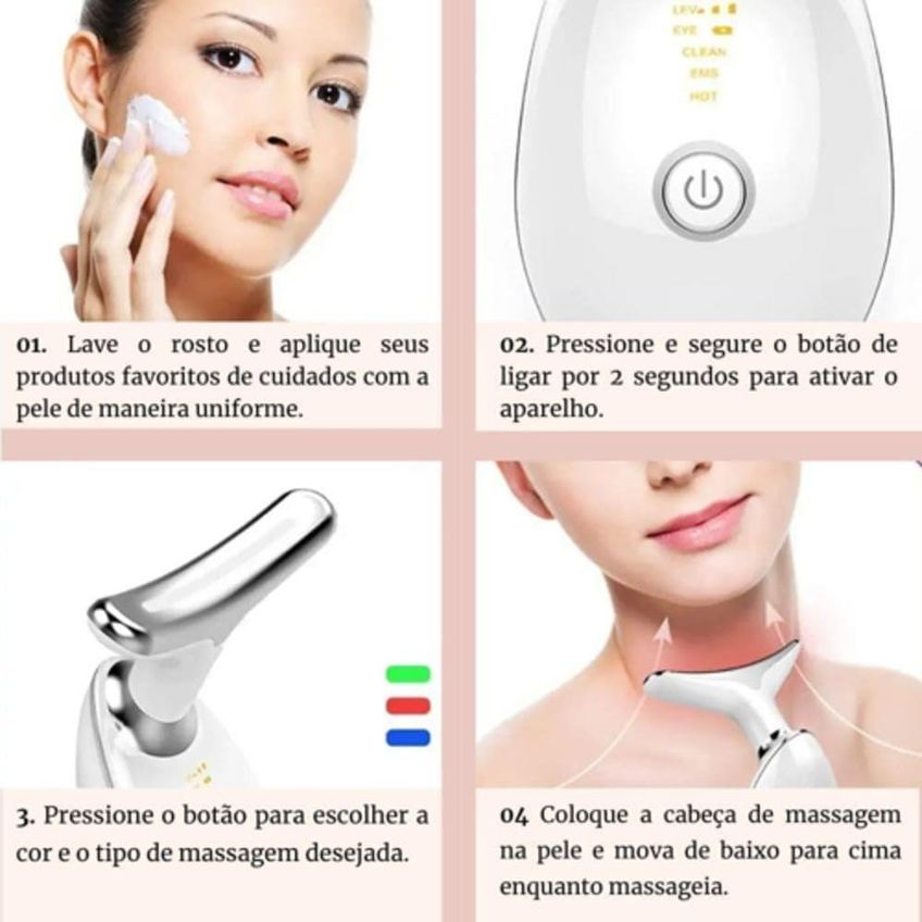 Massageador Facial Elétrico Led Fototerapia Lifting Antirrugas Recarregável Usb Branco Utimix - imagem 5