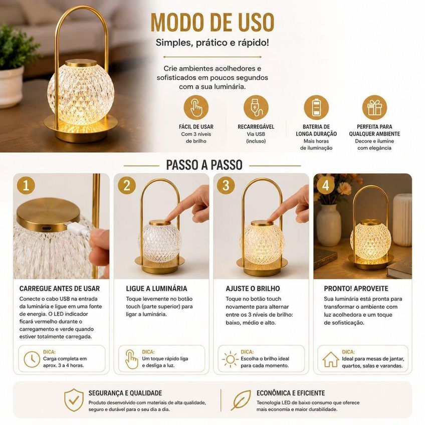 Luminária Led Decorativa Recarregável Sem Fio Luz Quente Acabamento Dourado Cúpula Cristal Utimix - imagem 3