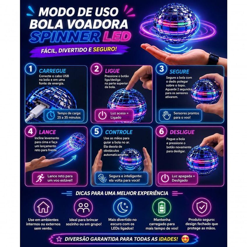 Brinquedo Eletrônico Infantil Bola Voadora Spinner Led Boomerang Giro 360 Recarregável Usb Utimix - imagem 4