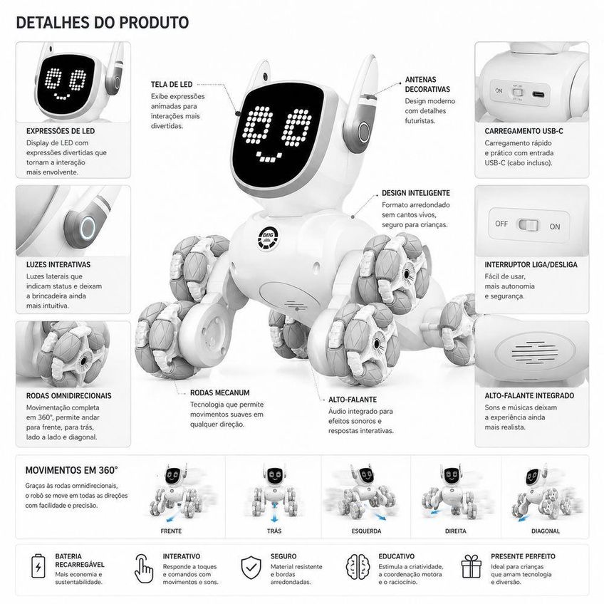 Robô Cão Interativo Com Controle Remoto Branco Recarregável Com Luzes Em Led Brinquedo Eletrônico - imagem 3