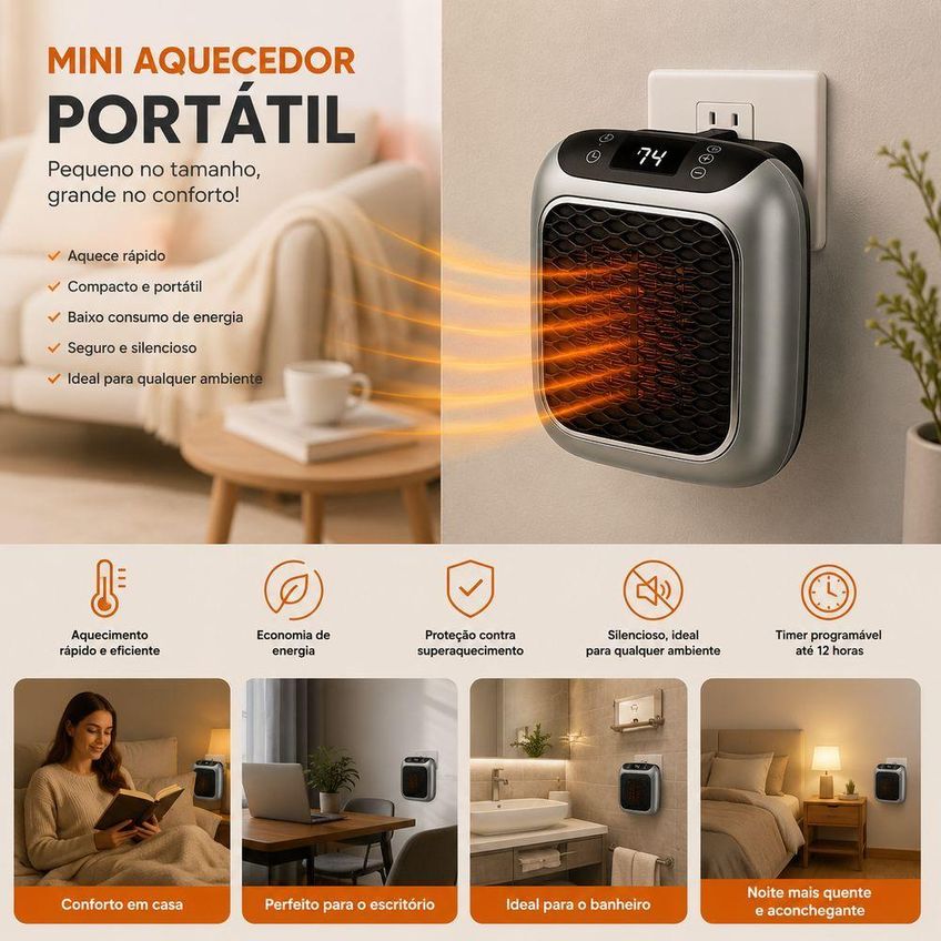 Mini Aquecedor Portátil Elétrico Com Display Digital Timer Termostato Quarto Escritório Utimix 110v - imagem 2