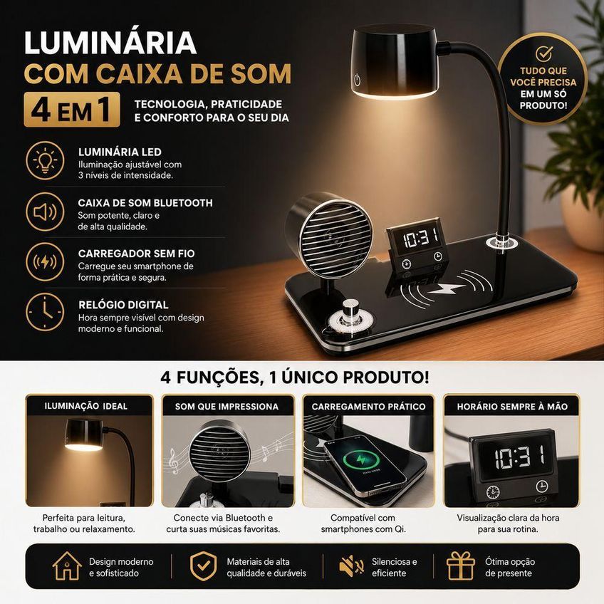 Luminária De Mesa Com Caixa De Som E Carregador Sem Fio Utimix 4 Em 1 Led Ajustável Bluetooth Branco - imagem 4