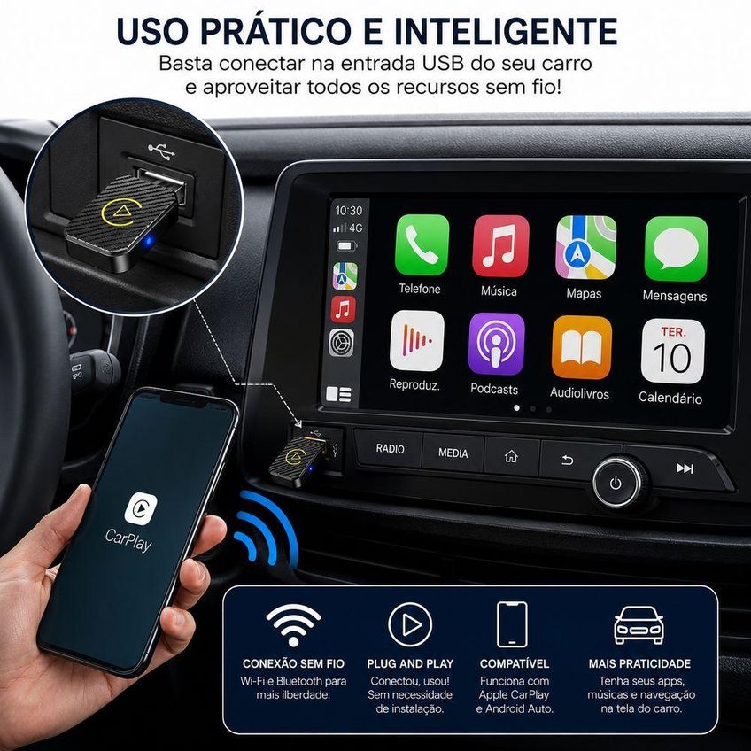 Conversor Sem Fio 2 Em 1 Para Apple Carplay E Android Auto Adaptador Bluetooth Wi Fi Utimix - imagem 2