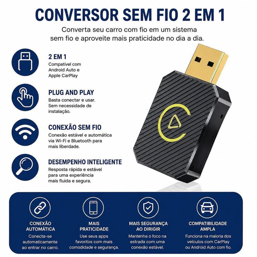 Conversor Sem Fio 2 Em 1 Para Apple Carplay E Android Auto Adaptador Bluetooth Wi Fi Utimix - imagem 3