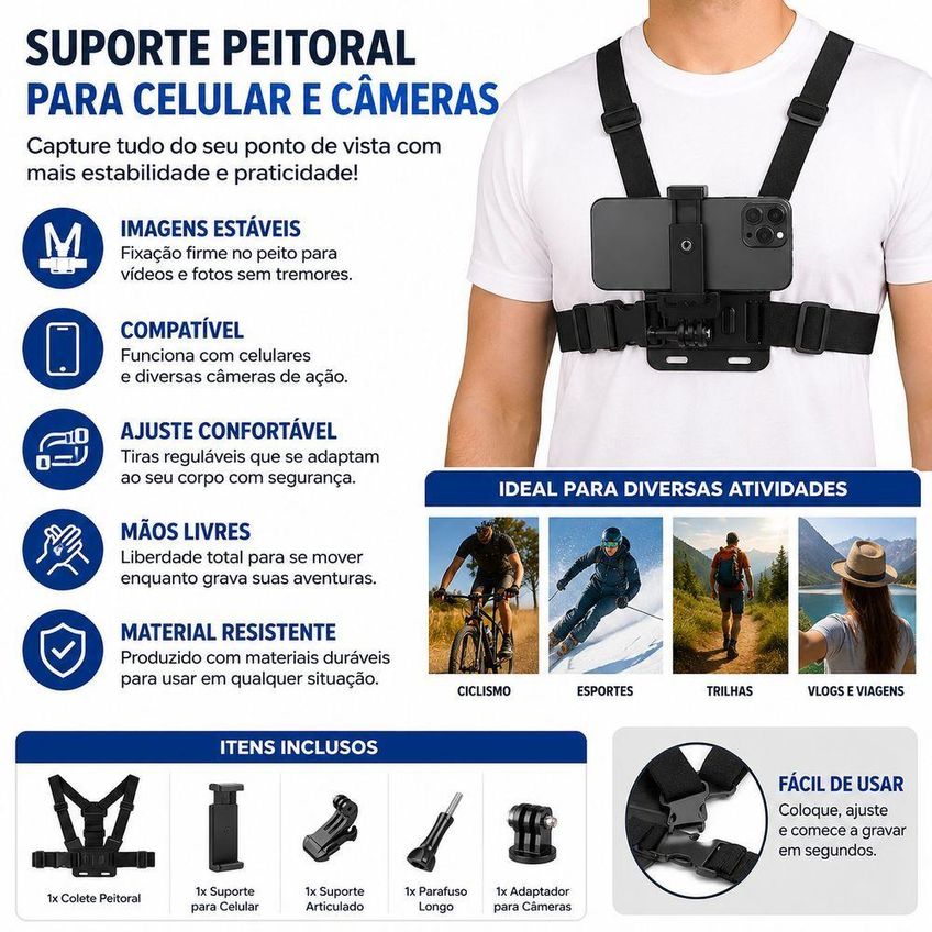 Suporte Peitoral Para Celular E Câmera De Ação Utimix Ajustável Mãos Livres Moto Ciclismo - imagem 3