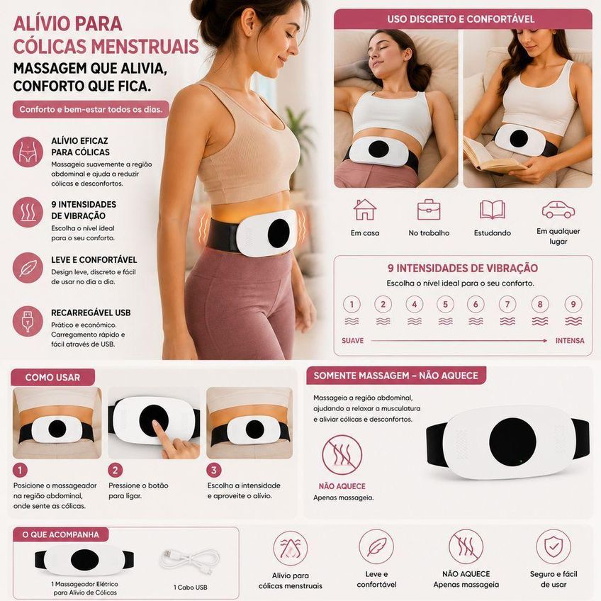 Massageador Elétrico Abdominal Para Alívio De Cólicas Menstruais Com Vibração Branco Utimix Usb - imagem 4