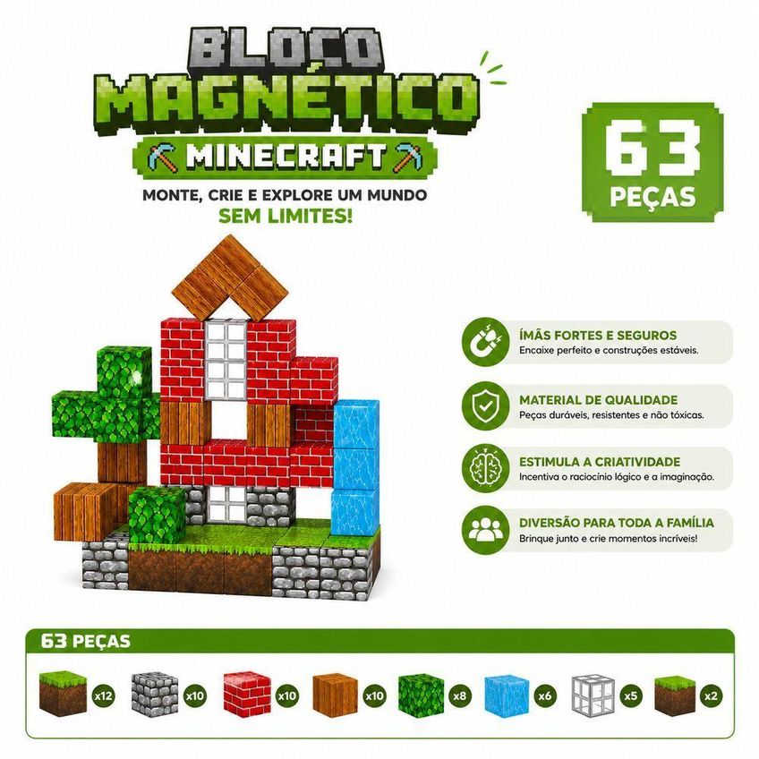 Brinquedo Educativo De Blocos Magnéticos Minecraft 63 Peças Encaixe Criativo Infantil Utimix - imagem 4