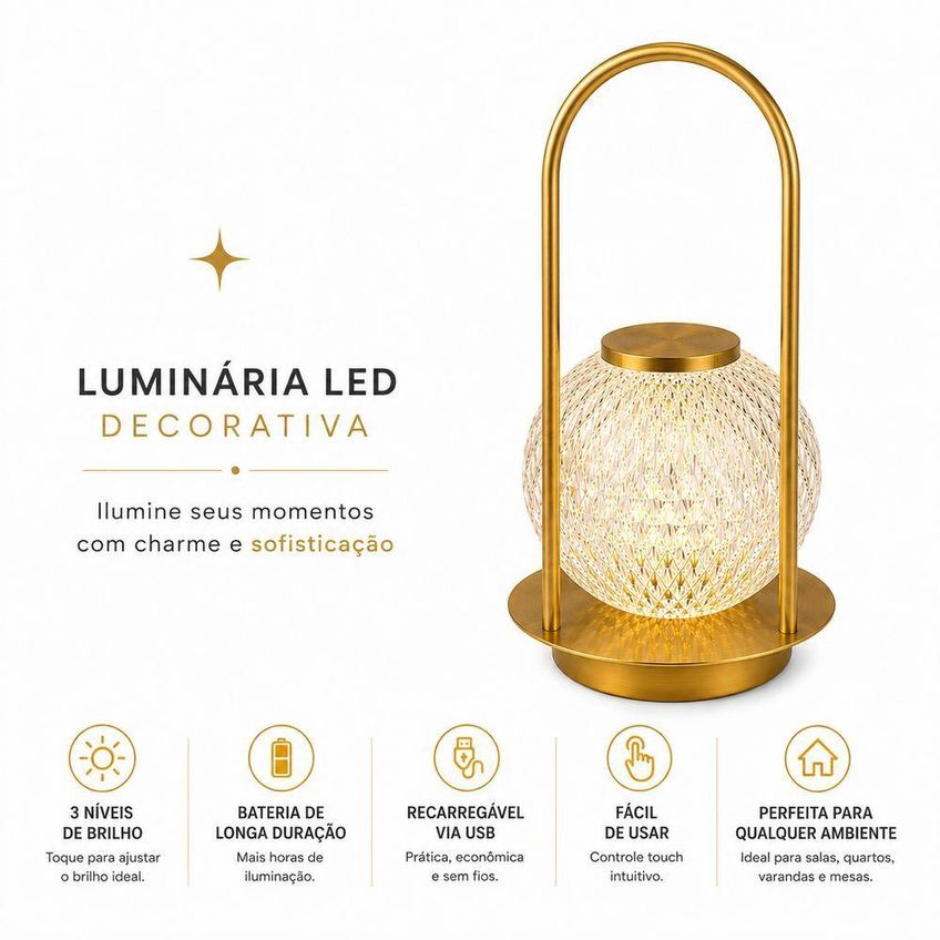 Luminária Led Decorativa Recarregável Sem Fio Luz Quente Portátil Dourado Utimix - imagem 3