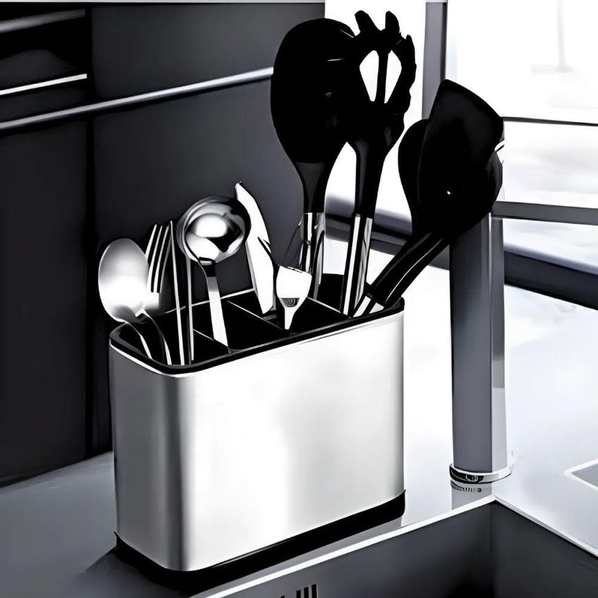 Escorredor Porta Talheres 4 Divisórias Organizador De Bancada Aço Inoxidável Inox Cozinha Utimix - imagem 3