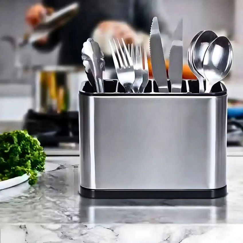 Escorredor Porta Talheres 4 Divisórias Organizador De Bancada Aço Inoxidável Inox Cozinha Utimix - imagem 4