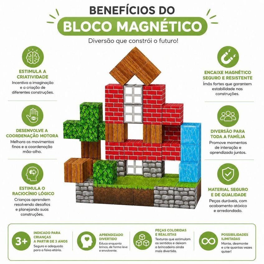 Brinquedo Educativo De Blocos Magnéticos Minecraft 63 Peças Encaixe Criativo Infantil Utimix - imagem 4