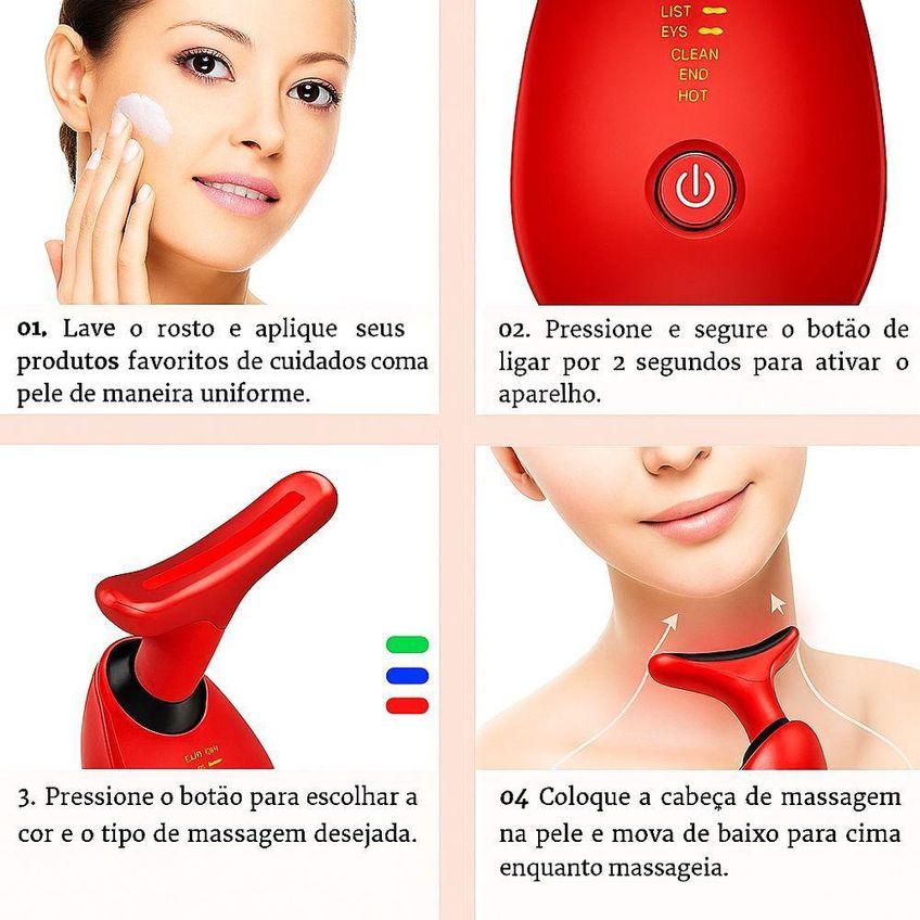 Massageador Facial Elétrico LED Fototerapia Lifting Antirrugas USB Vermelho Utimix - imagem 3