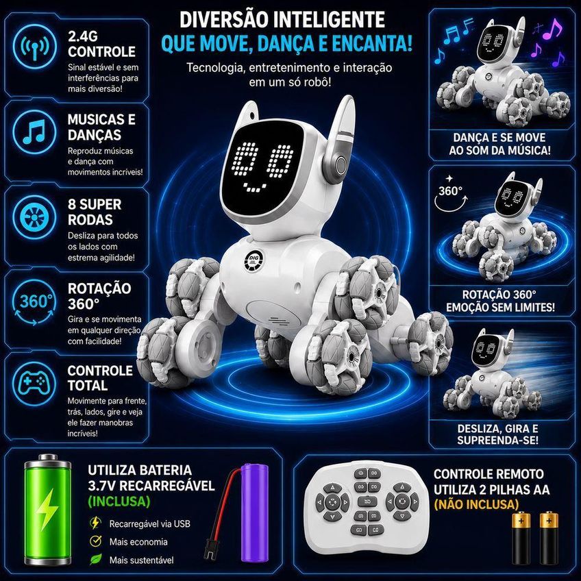 Robô Cão Interativo Com Controle Remoto Branco Brinquedo Eletrônico Recarregável Utimix - imagem 4