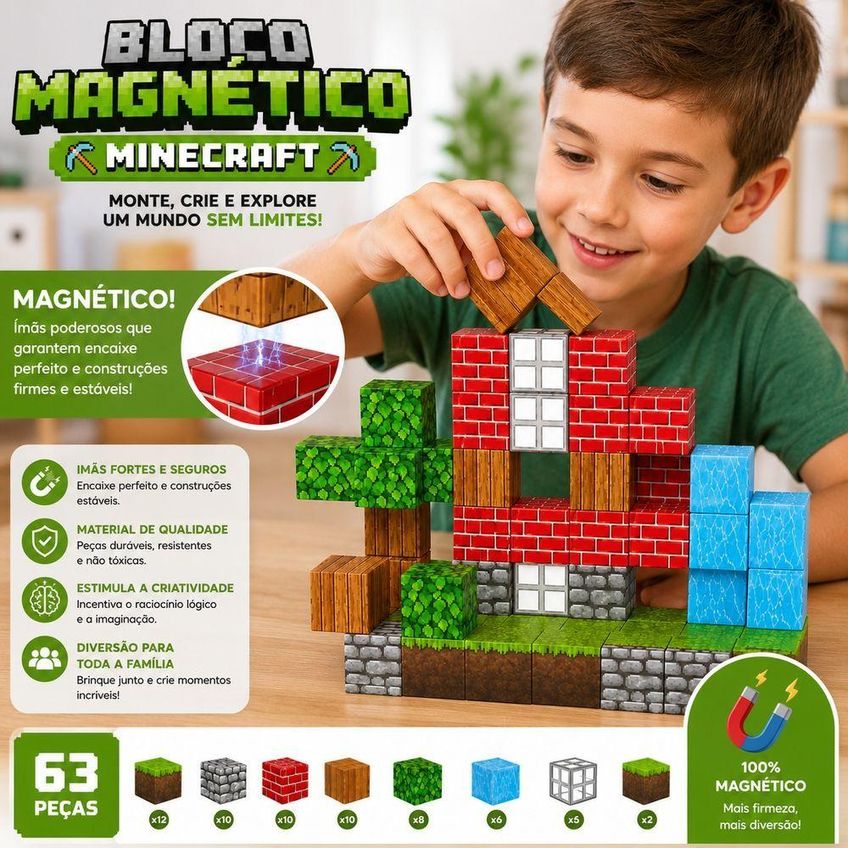 Brinquedo Educativo Magnético De Montar Minecraft 63 Peças Encaixe Criativo Infantil Utimix - imagem 3