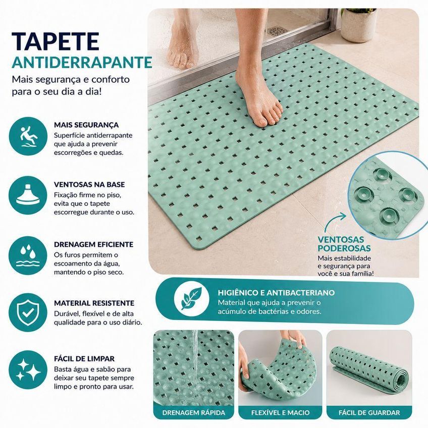 Tapete Antiderrapante Para Box Vazado TPE Com Ventosas Escoa Água Preto UTIMIX - imagem 3