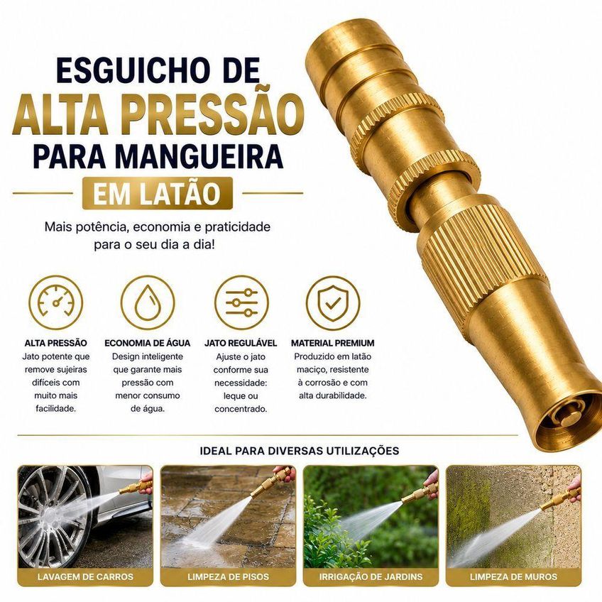 Bico Esguicho Para Mangueira De Jardim Alta Pressão Jato Regulável Dourado Utimix - imagem 3