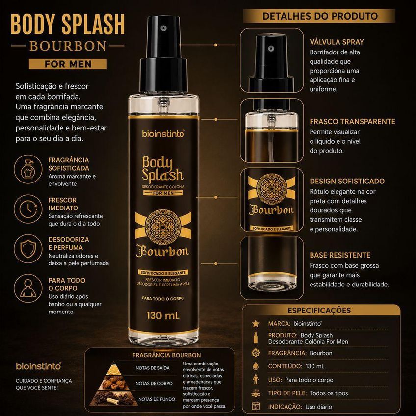 Body Splash Bourbon For Men Desodorante Colônia Masculino Fragrância Amadeirada 130ml Utimix - imagem 4