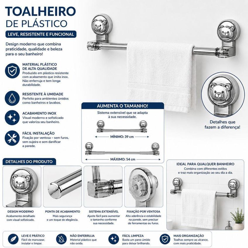 Suporte Toalheiro De Parede Com Ventosas Ajustável Plástico Abs Cromado Banheiro E Cozinha Utimix - imagem 3