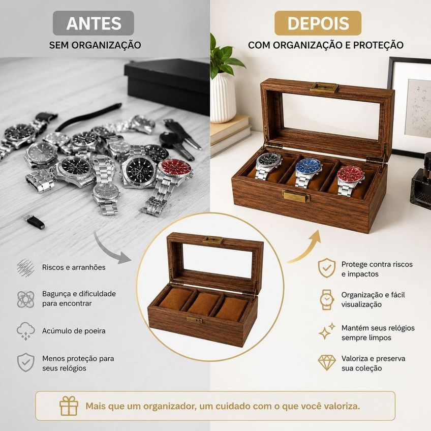 Caixa Organizadora Porta Relógios MDF Tampa Vidro Visor Transparente Estojo Expositor Marrom - imagem 3