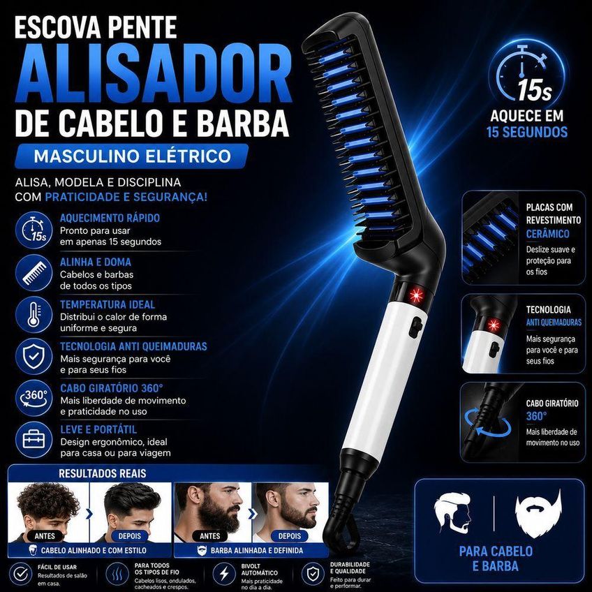 Pente Alisador De Cabelo E Barba Masculino Elétrico Cerâmica Utimix Bivolt - imagem 4