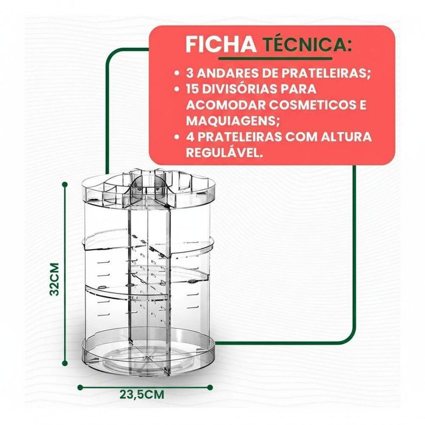 Organizador Giratório Para Maquiagem E Cosméticos Acrílico Transparente 360 Graus Penteadeira Utimix - imagem 3