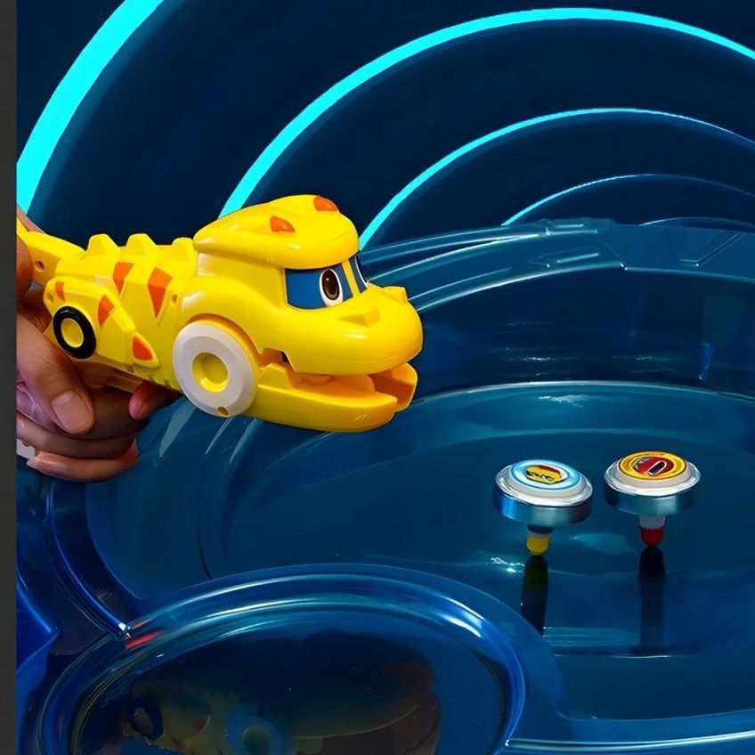 Brinquedo Infantil Beyblade De Batalha Com 2 Pião Giratório E 1 Lançador Dinossauro Amarelo Utimix - imagem 3