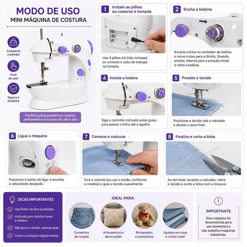 Mini Máquina De Costura Utimix Portátil Elétrica Para Reparos Bainha E Ajustes Domésticos Bivolt - imagem 3