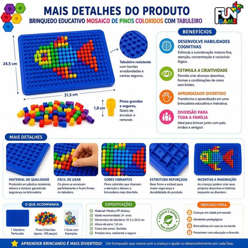 Brinquedo Educativo Mosaico De Pinos Coloridos Com Tabuleiro Coordenação Motora Infantil 3 Anos - imagem 4