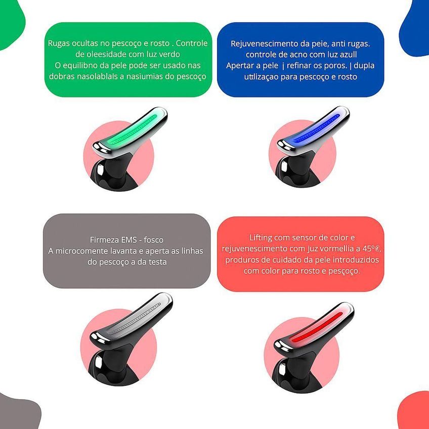 Massageador Facial e Pescoço Elétrico LED Fototerapia Antirrugas Recarregável USB Preto Utimix - imagem 3
