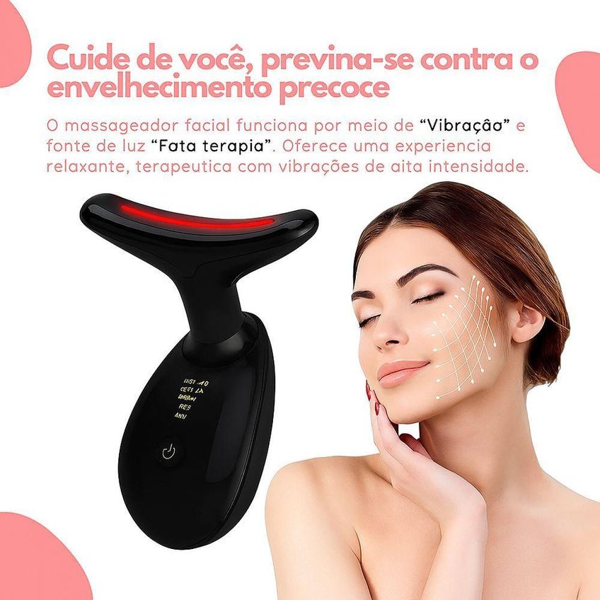 Massageador Facial e Pescoço Elétrico LED Fototerapia Antirrugas Recarregável USB Preto Utimix - imagem 4