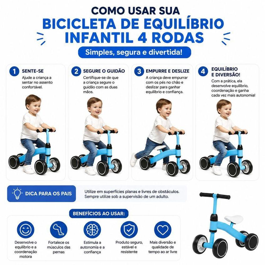 Bicicleta De Equilíbrio Infantil 4 Rodas Sem Pedal Rosa Para Bebê 1 A 3 Anos Utimix - imagem 3